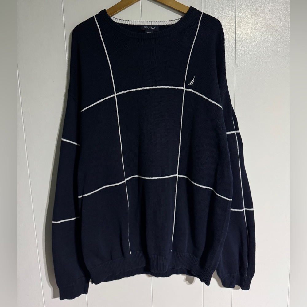 Vintage Nautica Knit Sweater Simple Style Navy Blue Big Checkered Window Pane